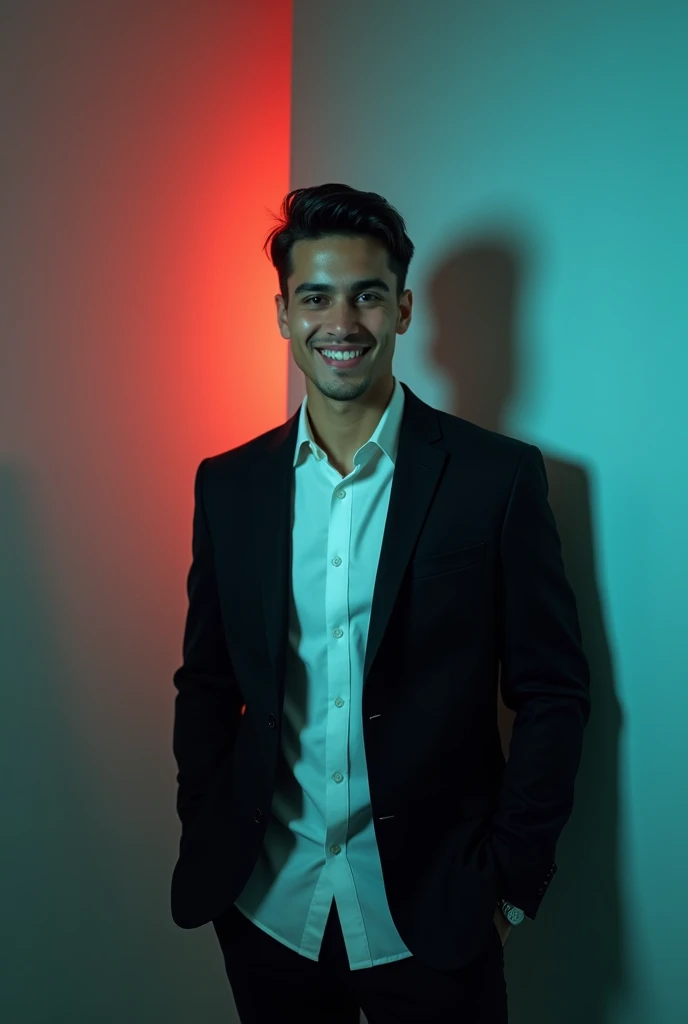 @mdrifat31017:A young man with dark hair and a confident smile. He is dressed in a black blazer over a white shirt. The man is positioned against aqua colour backdrop with a subtle red lighting on the left side.