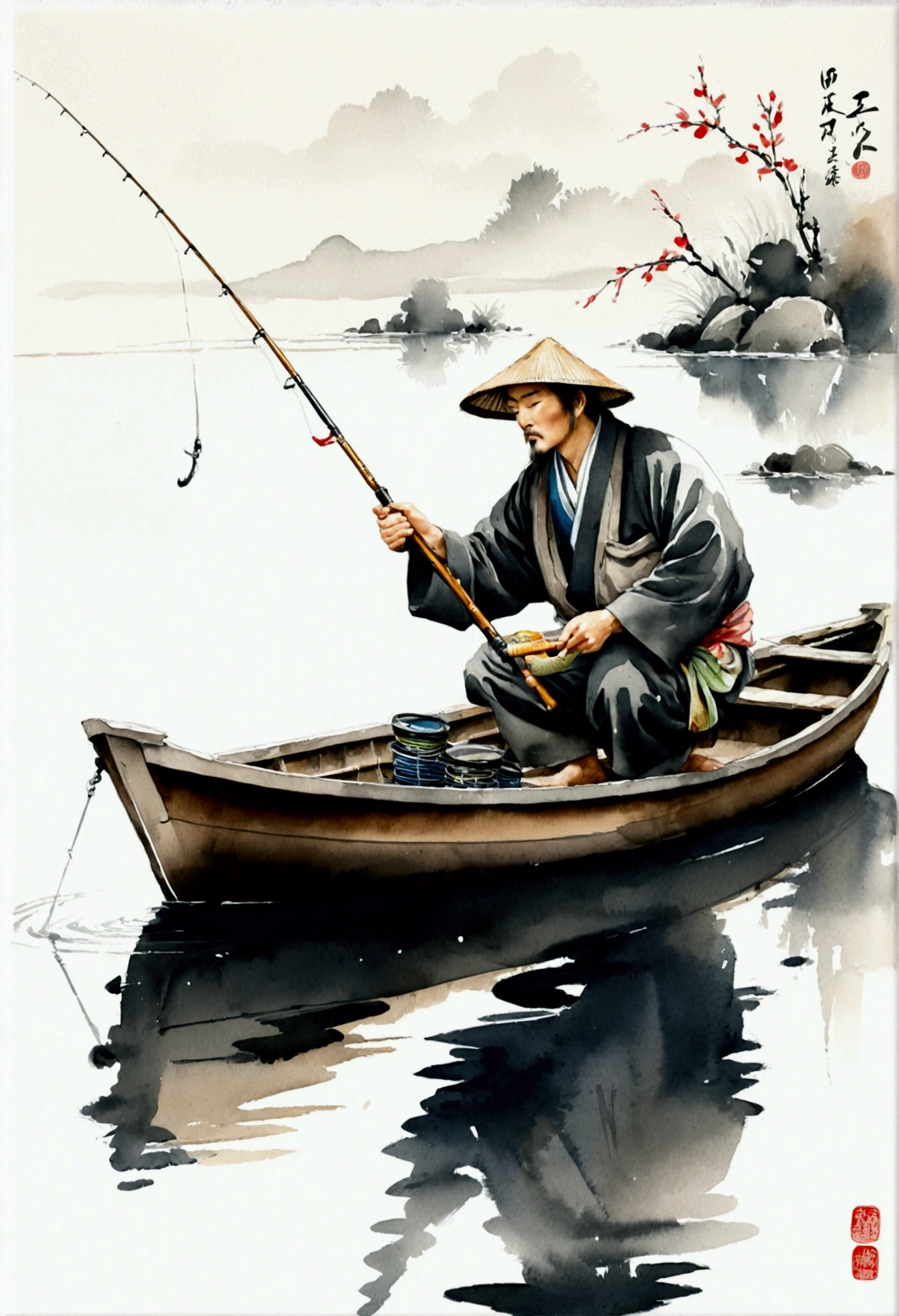 angler Fishing, Sumi-e painting style, traditional Japanese ink wash painting, emphasizes simplicity and elegance, expressive brushwork, captures the essence of the subject with minimal strokes, meditative and reflective, (best quality, masterpiece, photorealistic), very aesthetic, perfect composition, intricate details, ultra-detailed, vivid colors
