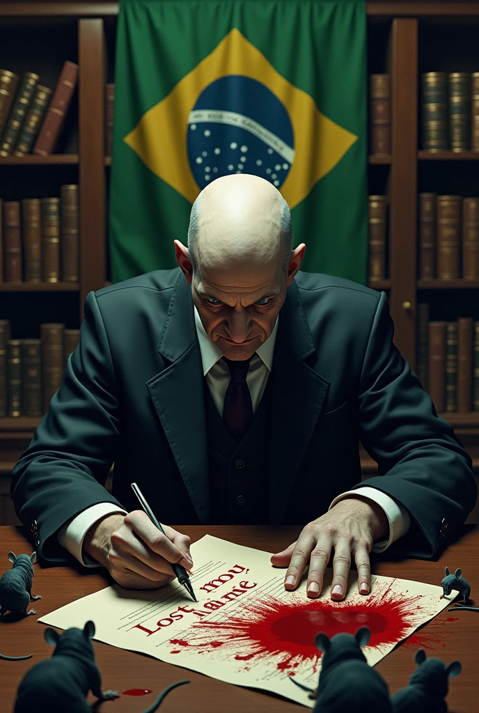 Create a very realistic and macabre scenario, where an authority is found in a judge&#39;s office , and this authority signs a bloodstained document on the table, rats run over the document , place a bookshelf with books behind the table with a Brazilian flag with the phrase &quot;Lost Mané&quot; in Portuguese written in blood, this authority is completely bald and has a gloomy expression 
