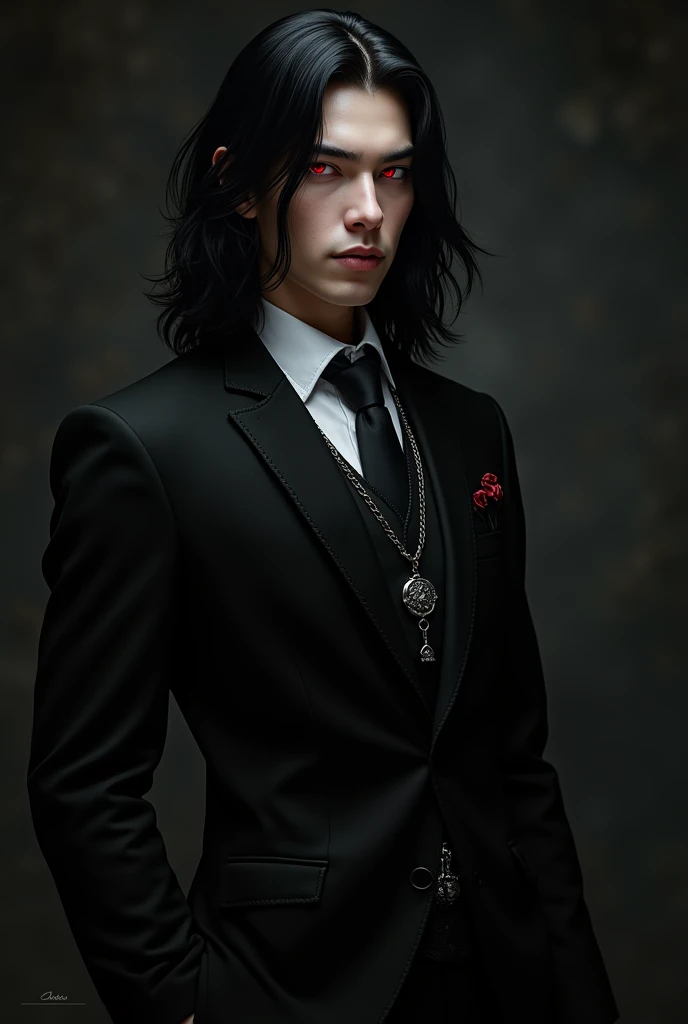 Damien BlackwoodAparência:hairs: black, smooth and fall to the shoulders, with a subtle shine.eyeballs: Bright reds or a dark, intense tone.Skinned: Clear with a touch of pale, almost ethereal.muka: appealing, but with an expression of coldness and control.badass clothing: An elegant outfit, with a well-fitted black suit and a white shirt, complemented by a black tie. The suit may have subtle red or silver details..Accessories: A silver ring with an occult symbol and a necklace with an amulet. Make the full body image