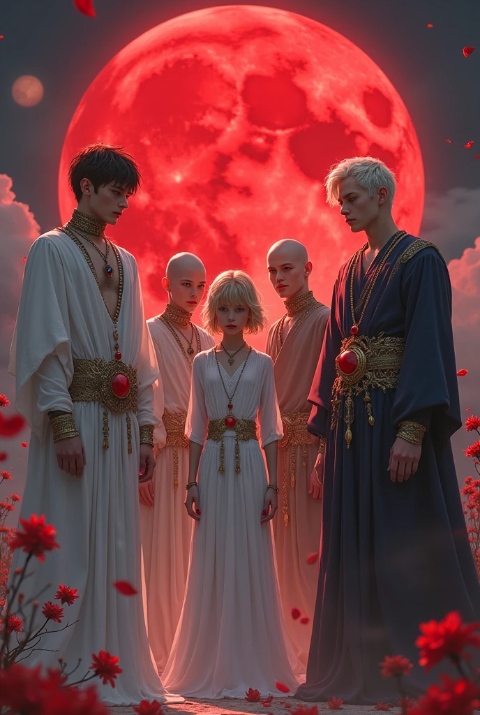 moon, red moon, multiple boys, sky, 6+boys, jewelry, barefoot, cloud, full moon, robe, bald, standing, 1girl, dress, old, blonde hair, outdoors, gem, necklace, veil, long sleeves, old man, petals, breasts, white dress, red gemstone, white pants, wide sleeves, holding, multiple girls, full body, red lips, toenails, medium breasts, earrings, brown hair, toes, realistic, closed mouth, planet, long hair, lips, gold trim