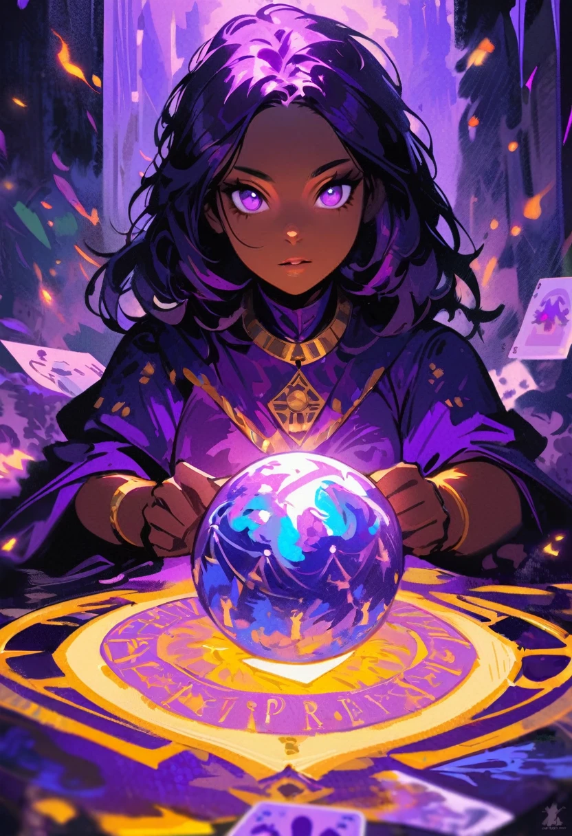 impressionism painting, realisitic, 1 girl, fortune teller, cartas de tarot sobre a mesa, looking ahead at viewer, darkskin, mystic, magical, sheen, sheening, dark magical lighting, temperamental, cinematic, Glow Up, Ablaze, darkness, purple colors