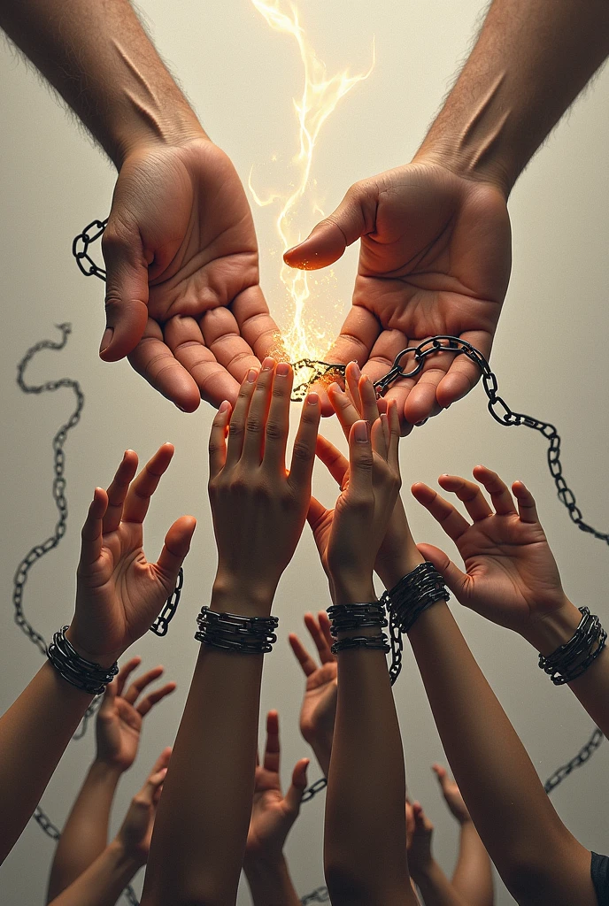 Several chained women's hands, but the chains are broken. Let the women's hands be extended upwards and forward.. Around the women's hands are two men's hands (right and left) bigger, How to protect more women's hands, that surround the women's hands and that you see those men's hands grabbing the chains and breaking the chains that the women's hands have and that the remains of those chains hang around the women's hands and that only from the men's hands flashes of light come out