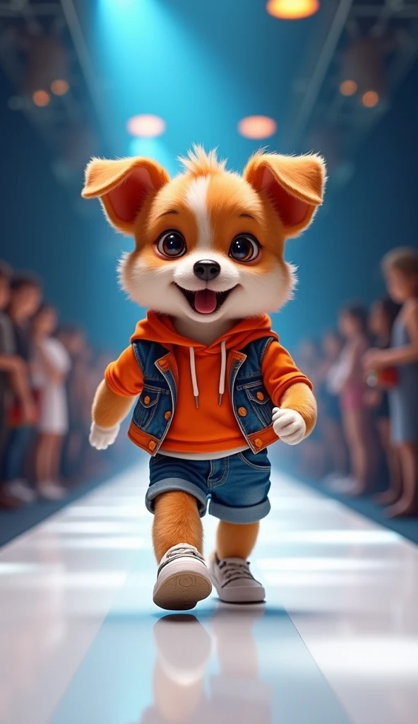 A cute puppy walking on the catwalk, Smiling，Very confident wearing fashionable sportswear with denim shorts,Sneakers on the catwalk，The background is the catwalk.HD camera captures scene images.