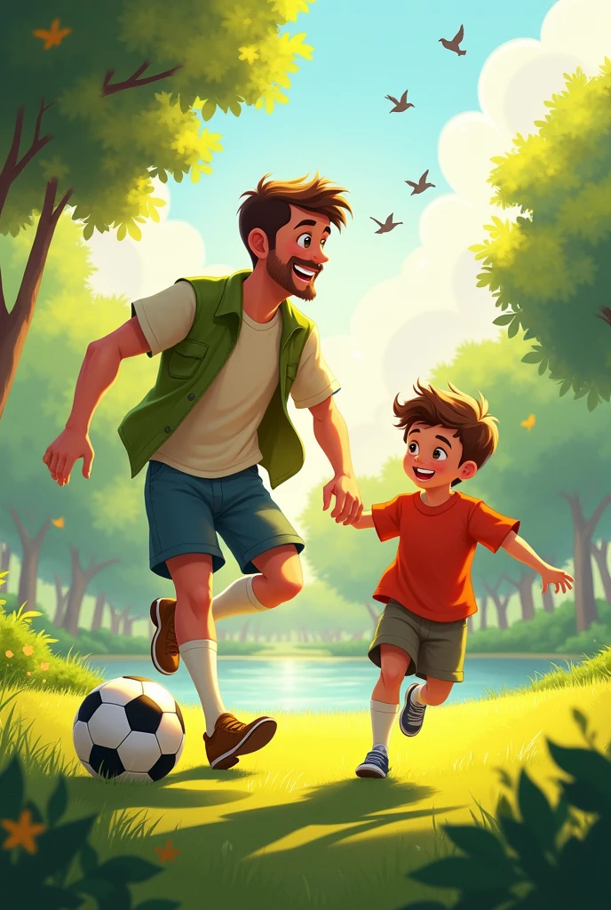 Disney-style poster, from dad, 35 years, with his son, 10 years, playing happily, Soccer, in a park 