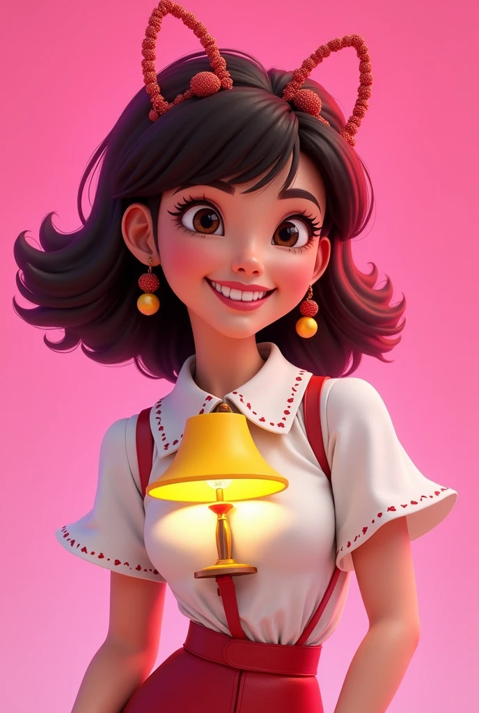 animation character, Brunetette, with a lively lamp blouse, pink back ground