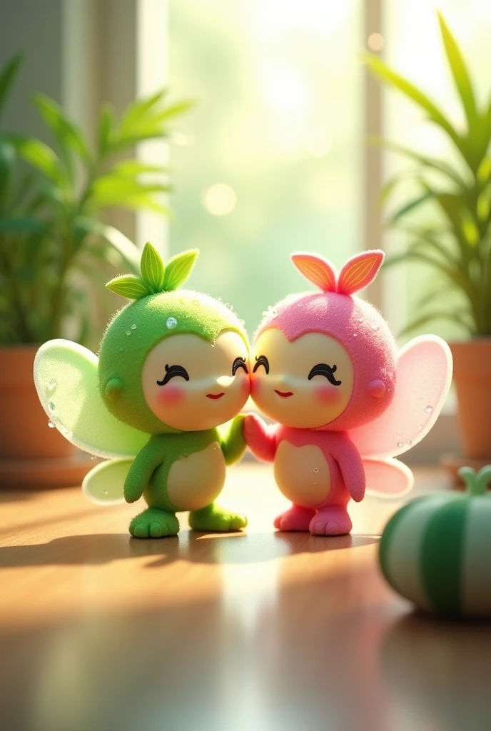Create an image of two adorable, cartoonish little fairy characters, one  fairy and one pink, both with cheerful smiles and tiny arms and legs. They have glossy, semi-transparent surfaces with tiny water droplets, and each has a small leaf on top. The background features a bright and airy indoor setting with green plants and soft natural light, creating a cozy atmosphere. The scene conveys a sense of happiness and friendship, with a gentle bokeh effect in the background.

