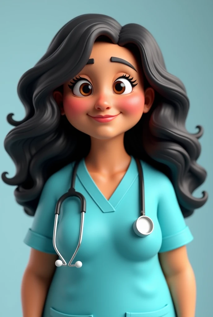 Animated 3d Kind plump middle aged Spanish woman with caramel skin and big long curly black hair and big brown eyes wearing aqua blue doctors scrubs and a stethoscope