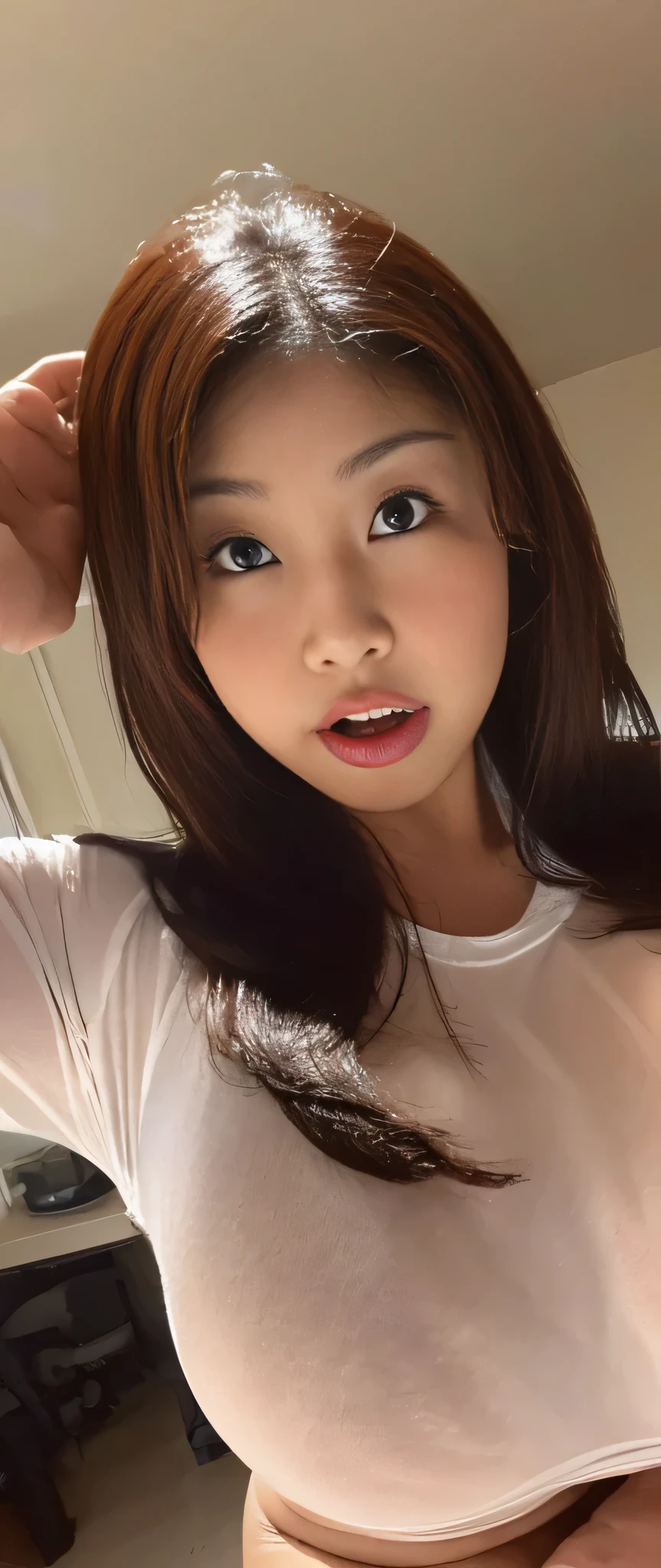 ((night life)),（Highest quality,8k,RAW Photos,Realistic,High resolution:1.2),(Hot curvy Japanese mother）(Extremely large breasts bigger than a face),((No underwear)),((Very small size T-shirt)),Sweat pants,((Seeing an adult magazine for men for the first time makes me extremely aroused)),((Erotically embarrassing)),(((Erotically Embarrassed))),upper body facing front ,(Tight fit),(((Erotically masturbating))),,Close-up of extremely huge breasts bigger than face,Long Hair,(Looking), (((I feel intensely sexual)))