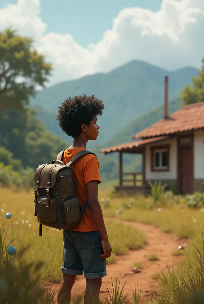 Image of a young Lazarus with a backpack on his back, facing a simple house and a rural setting of Porto Velho. He seems determined and full of dreams., with an expression of hope and excitement.
