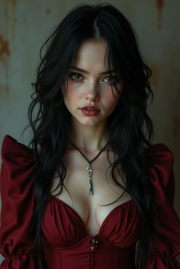 Make a beautiful teenage girl with long black hair and brown eyes, with a dark red dress and an intimidating look.