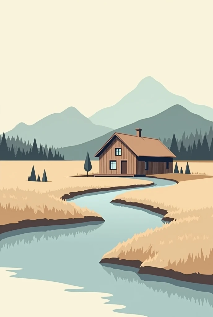 Create a minimalist vector logo of a chalet and a river