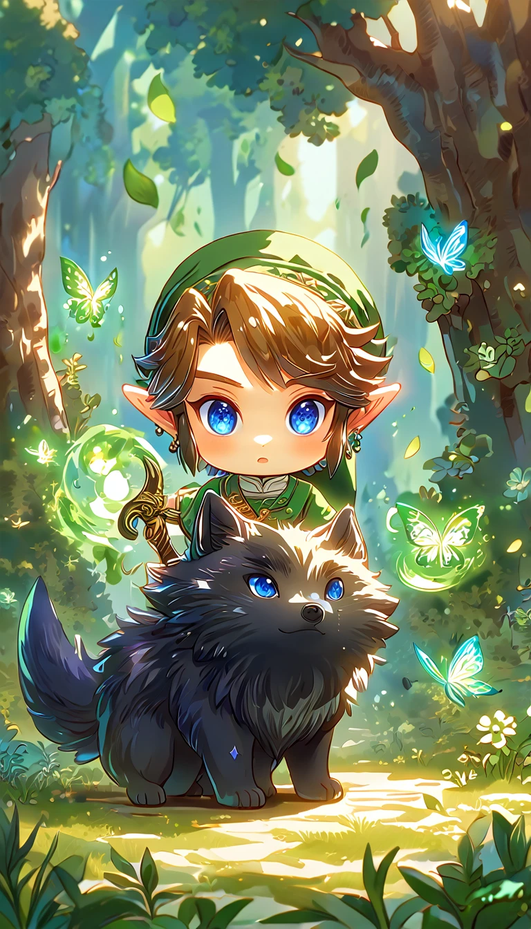 most absurd, highres, extremely detail, HDR, ​masterpiece, best quality, extremely detail, Chibi-Link, Brown hair, expressive blue eyes, the legend of zelda: Twilight Princess, Boy hugs a black wolf, adorable, small, Good looking, green tunic, Magikal, Fantasies, Magik, green fire, woods, glittering, green butterflies, green petals, green flowers