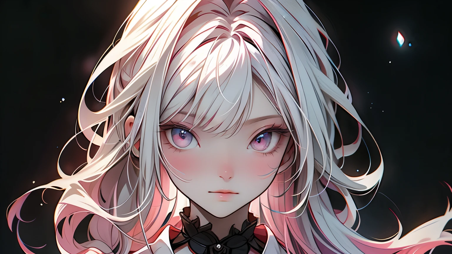 idoly,tmasterpiece,top-quality,Beautiful face,Absurdity,(Close-up of the head,White frilled mini skirt,White collar,White frilled cuffs,particle effect:1.5),(ssmile:1.5),(white color hair,A few strands of red hair,Red-pink eyes:1.7),dual horsetail,Jellyfish head,Sharp focus,Realistic and detailed,A high resolution,best detail,hyper-high detail,Facial and eye details,Sharp pupils,Realistic pupils,Sharp focus,Smooth skin,(blooms,Halo:1.4),(dark studio,deep dark background:1.5),Edge lighting,Dynamic, dramatic lighting,HDR,8k