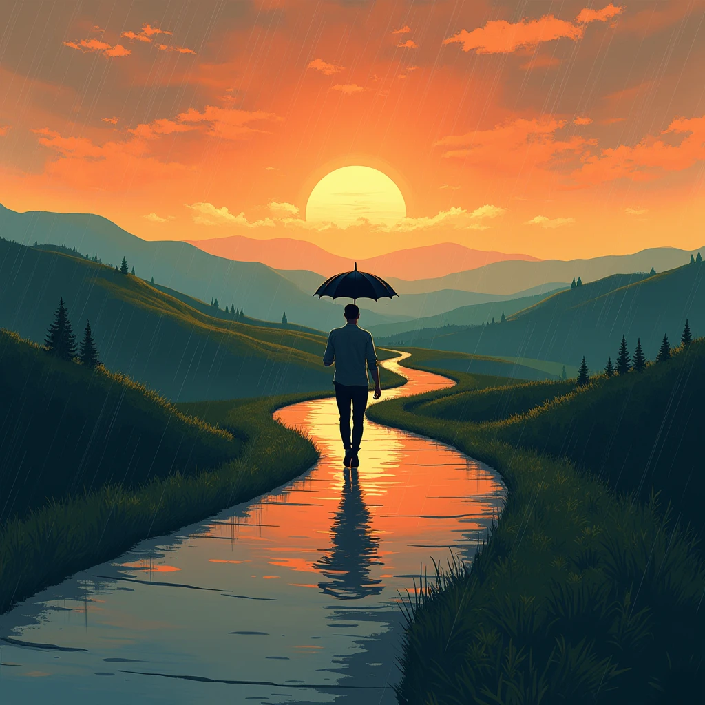 2d style , shadow , landscape , a man walking on a road, hand holds an umbrella but does not cover it , The sunset sky just after the rain stopped