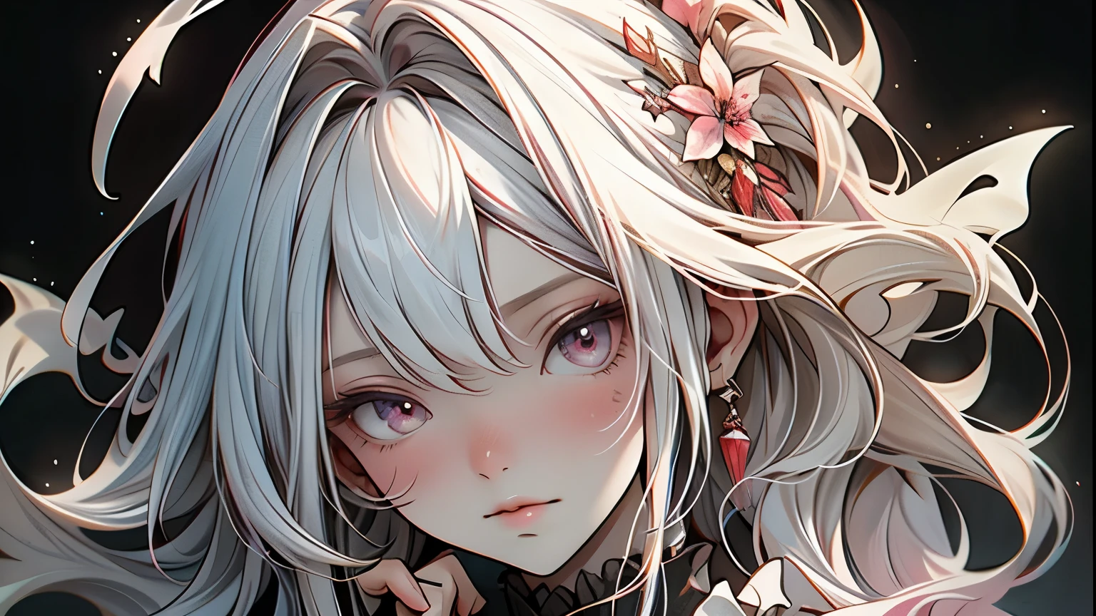 idoly，tmasterpiece，top-quality，Beautiful face，Absurdity，（Close-up of the head，White frilled mini skirt，White collar，White frilled cuffs，particle effect：1.5），（ssmile：1.5），（white color hair，A few strands of red hair，Red-pink eyes：1.7），dual horsetail，Jellyfish head，Sharp focus，Realistic and detailed，A high resolution，best detail，hyper-high detail，Facial and eye details，Sharp pupils，Realistic pupils，Sharp focus，Smooth skin，（blooms，Halo：1.4），（dark studio，deep dark background：1.5），Edge lighting，Dynamic, dramatic lighting，HDR，8k