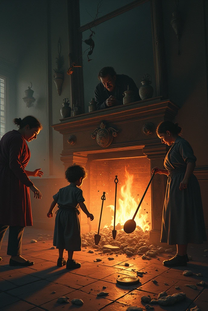 An old-fashioned fireplace with iron fire tools. A fire poker is levitating and striking a terrified young boy on the head, while other family members watch in horror. The room is in disarray, filled with fear and panic."