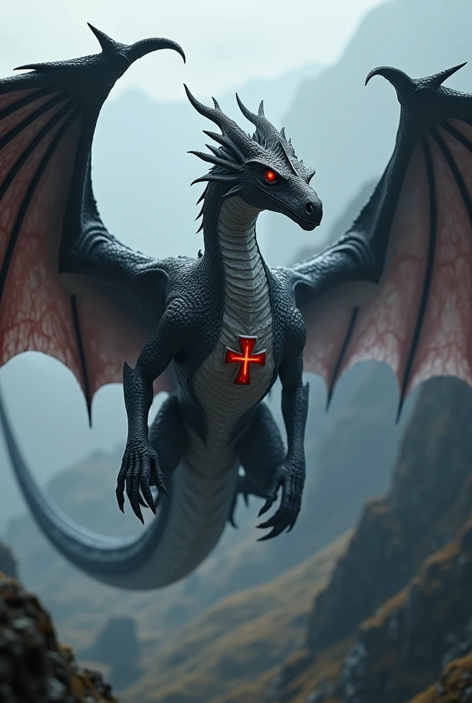 A Game of Thrones style dragon with black and white colors, red eyes and the Maltese cross symbol on its chest.
