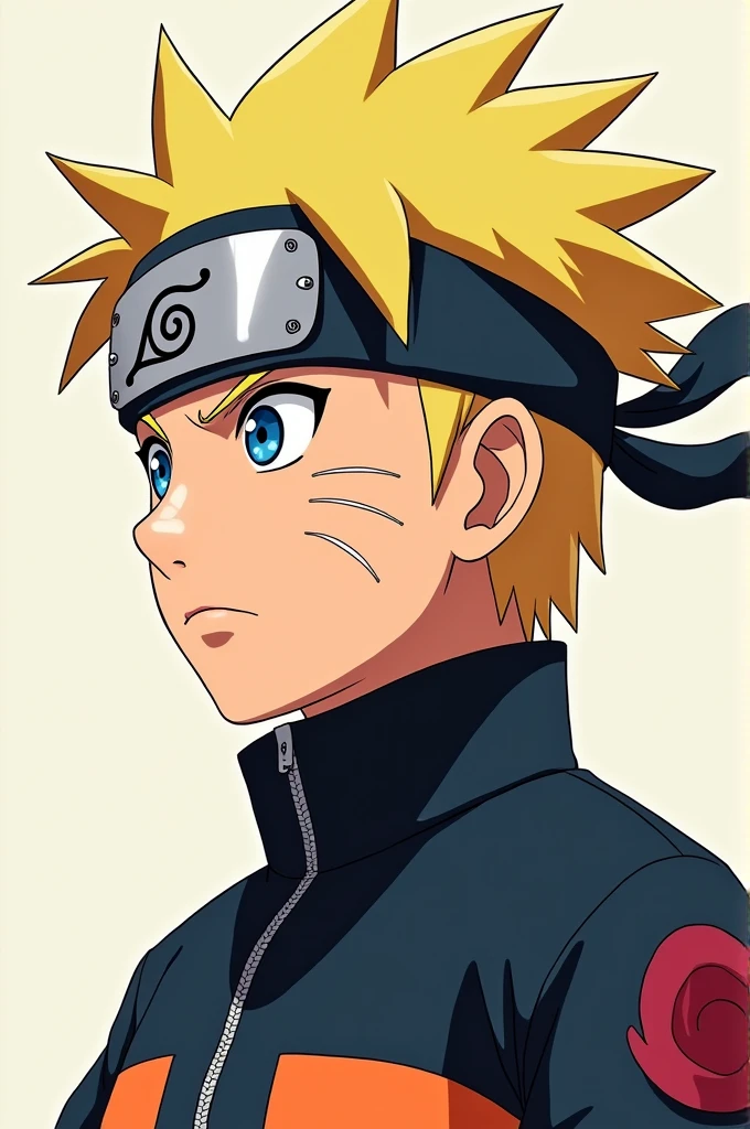 Naruto his face and spiky hair. Naruto has a rounded face with distinctive whisker marks on his cheeks. His hair is spiky and sticks out in different directions. For his outfit, draw the high-collared jacket and headband with the leaf symbol.