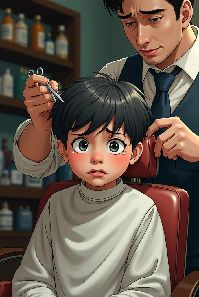 A  wearing a white apron is sitting in a barber shop and crying, and the barber is cutting his hair with scissors.