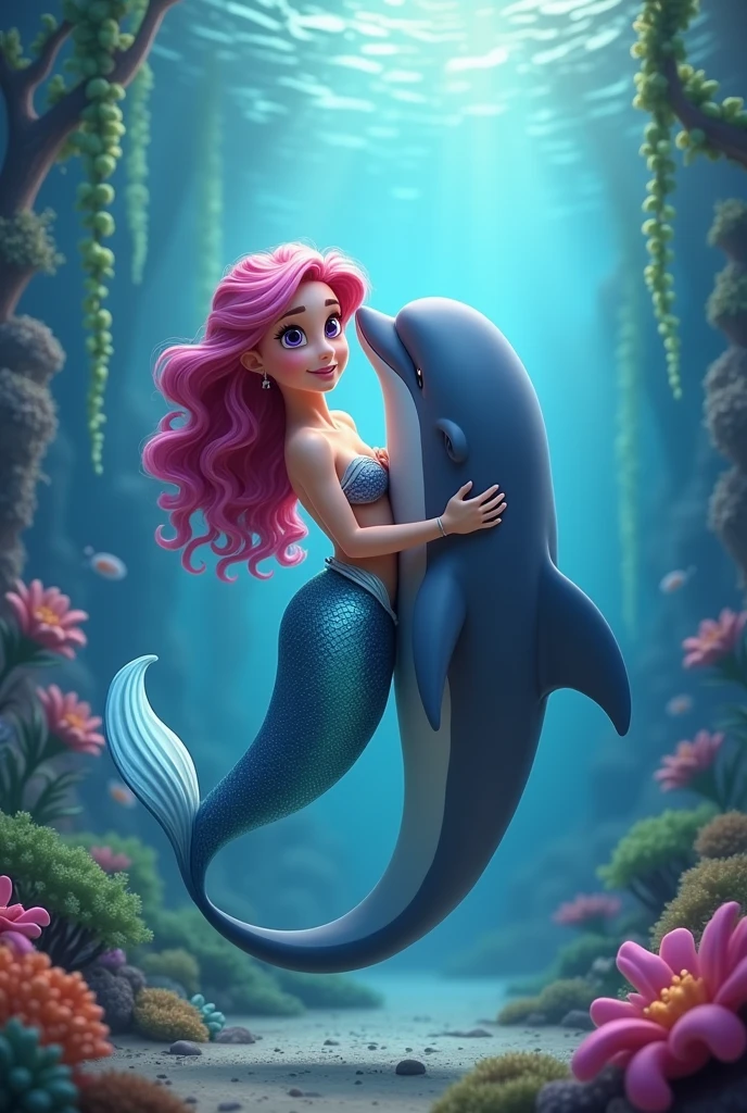 Brown mermaid with pink curly hair, purple eyes. Hugging with dolphin