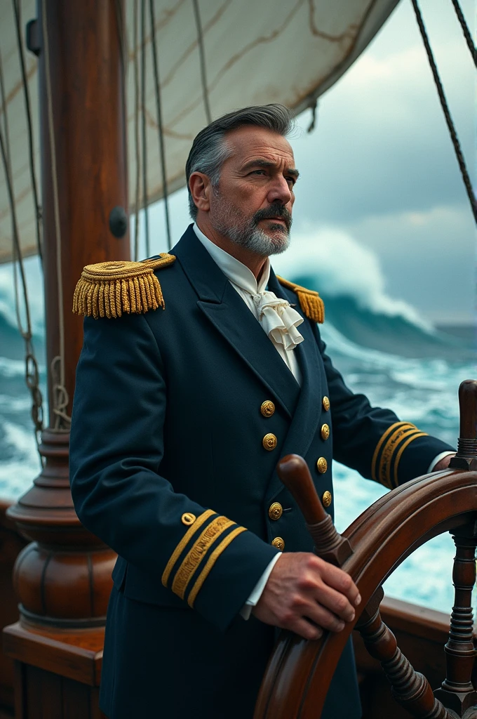 Ship captain who dresses as a captain who steers his wooden ship in the middle of rough seas