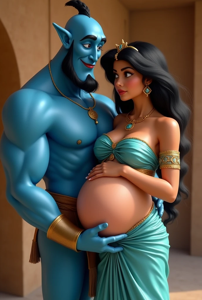 A stunning portrait of Princess Jasmine She is pregnant, holding her belly, the blue genie is holding her, location is ancient Arabia, Mesopotamia, ancient India, temple, young and beautiful, hyper realistic, real portrait, backlit, exquisite features, cleavage, sexy, seductive, natural light, soft light, nine months pregnant, large belly, embodiment of love, bare belly,