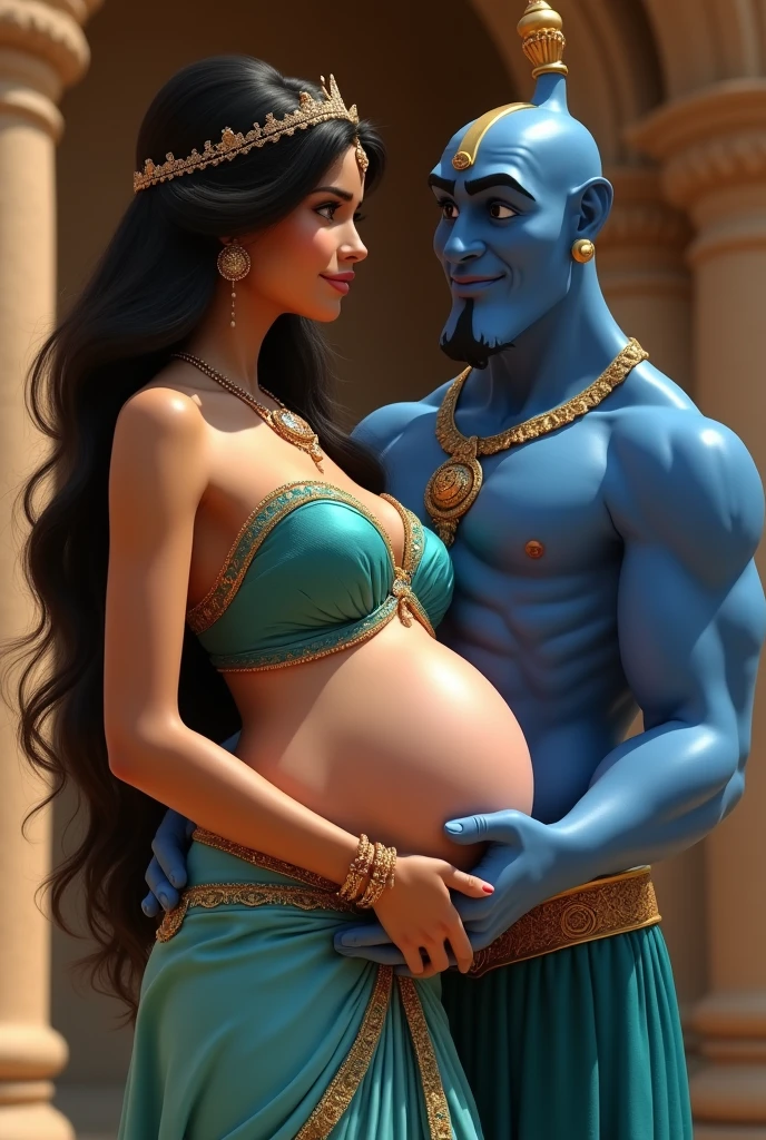 A stunning portrait of Princess Jasmine She is pregnant, holding her belly, the blue genie is holding her, location is ancient Arabia, Mesopotamia, ancient India, temple, young and beautiful, hyper realistic, real portrait, backlit, exquisite features, cleavage, sexy, seductive, natural light, soft light,  pregnant, large belly, embodiment of love, bare belly,
