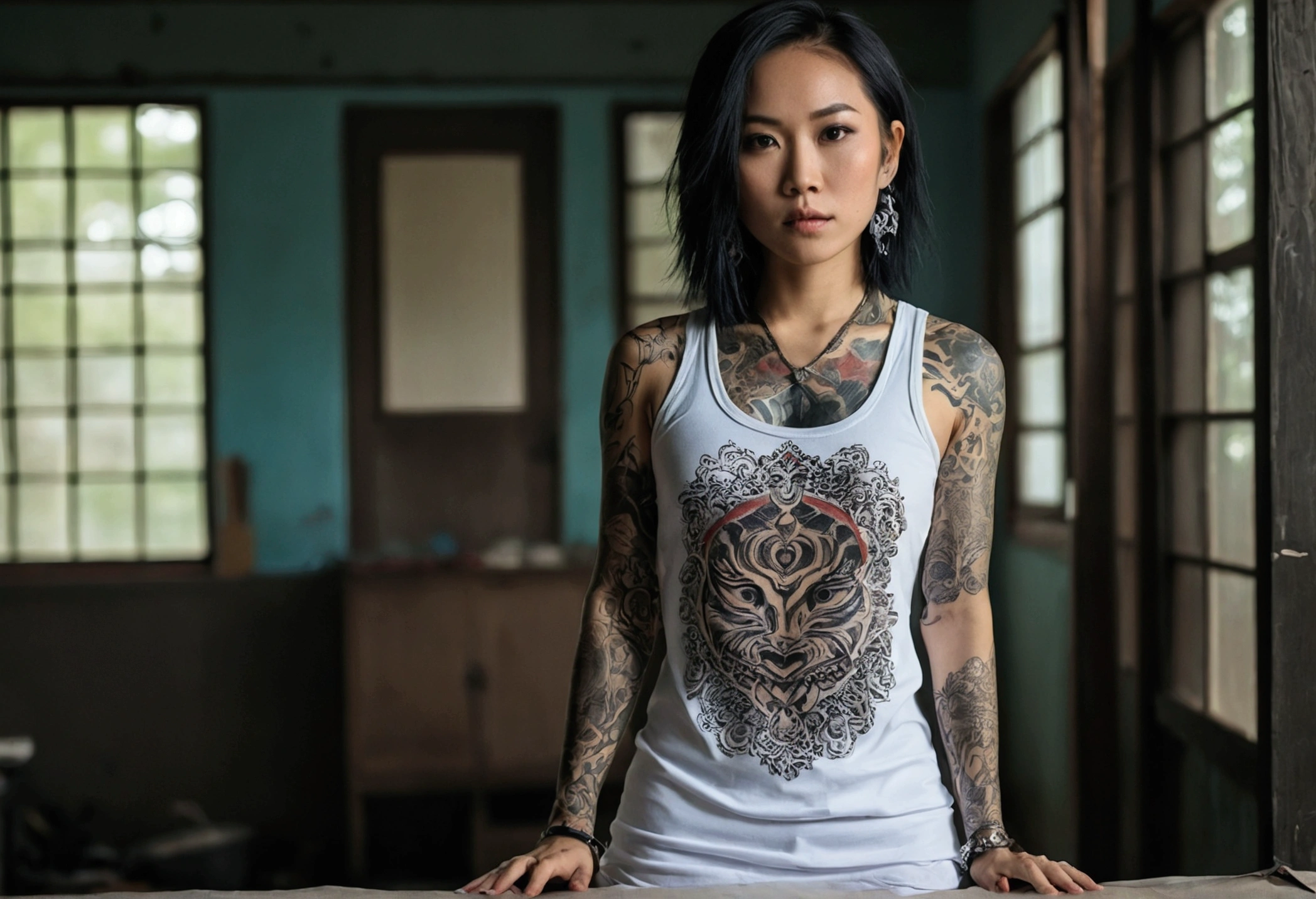 Asian woman killed, white, kurus, tattooed, singlet dan rok mini 