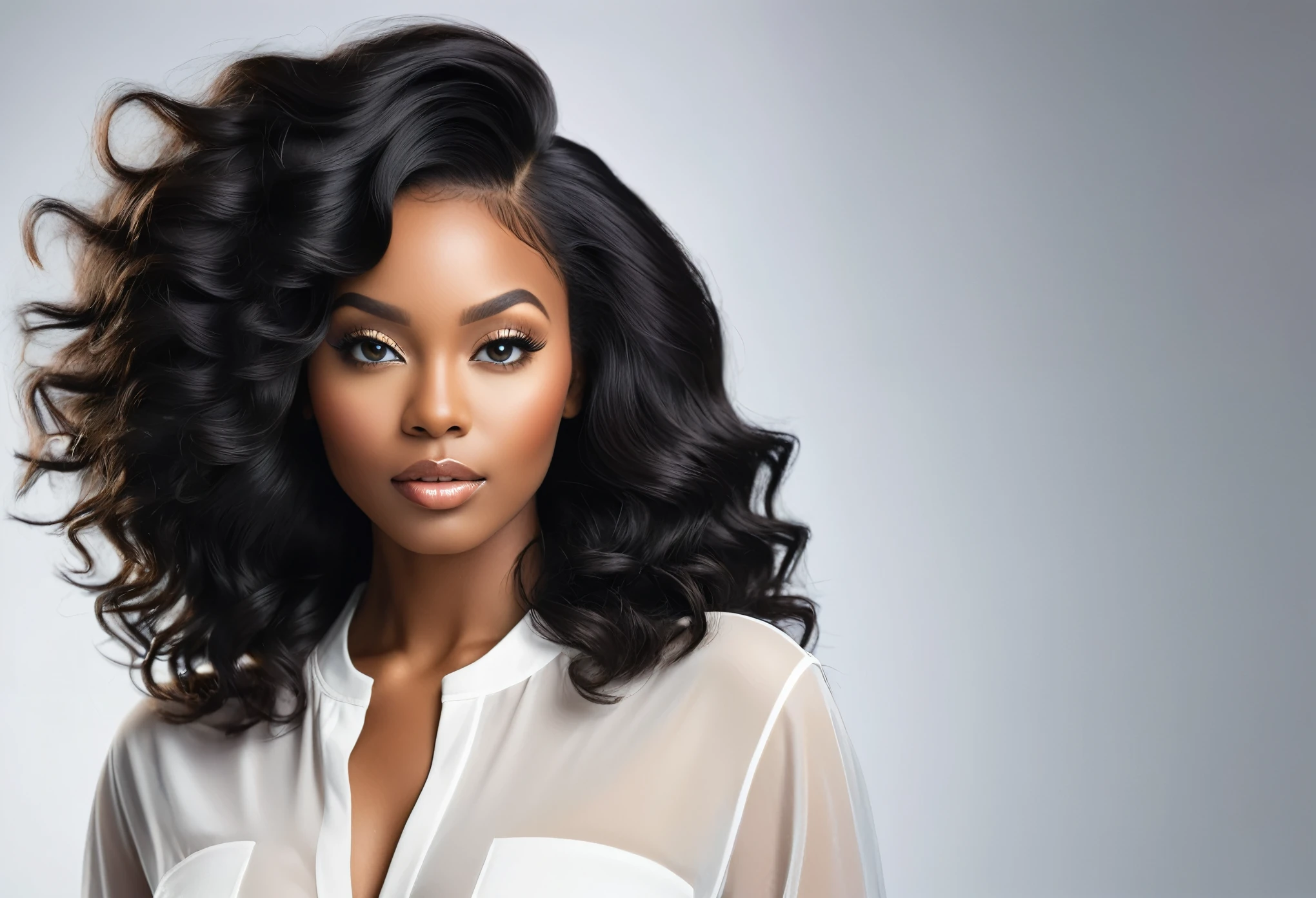 Create a hyper-realistic photo of a (((black woman))) with black hair, shown from the bust up, with her entire upper body fully visible within the frame. Her hair should be extremely voluminous, well-groomed and perfectly styled, emphasizing her fullness and health. Make sure the woman is portrayed with a clear and natural expression. The background should be (((completely black))), such as a studio backdrop or transparent, with no details or distractions, just a smooth white surface. Use soft, flattering lighting to highlight the texture and shine of her hair and skin. The photo should be ultra-photorealistic, crystal clear, 8K UHD, with fine detail and a high-quality polished finish. Make sure the entire image is sharp and in focus, with no blur or softness. Use the lens wide open for maximum sharpness and ensure that every detail in the image is perfectly clear and in focus.