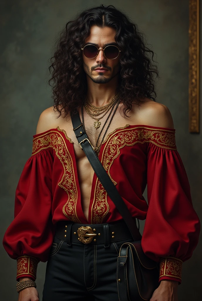 Dark brown long hair fluffy and curly, amber colored eyes, Swarthy guy, Clean-shaven face, red off-shoulder blouse with wide sleeves and gold patterns, tight pants, shoulder bag, стилистика dark fantasy. gold jewelry, rings, glasses with dark lenses.