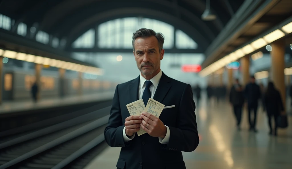 Train tickets in hand A man waiting at the station 