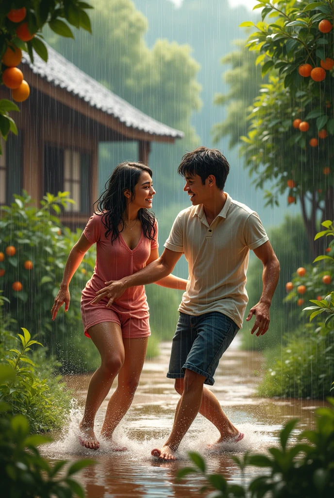 um casal, wet,  in the heavy rain in front of his house in the countryside. The couple is happy and playing around throwing water at each other. There are fruit plants around the house.