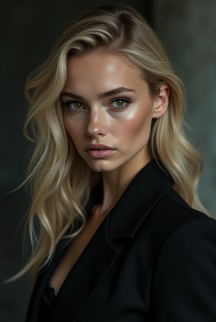 dark blonde woman, cruel, really beautiful, brown eyes, 1m78