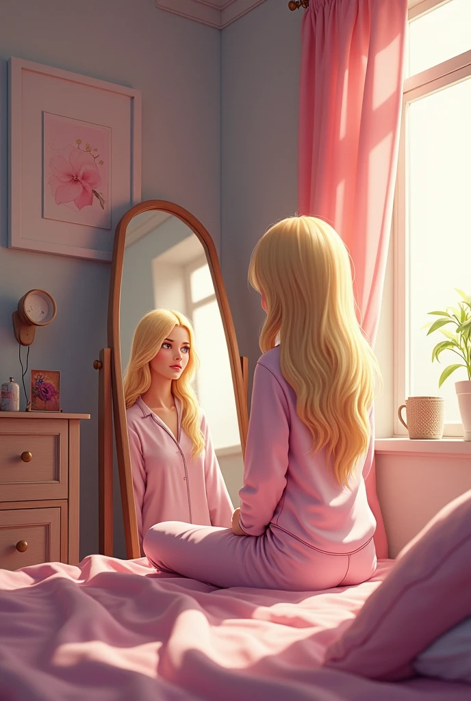 A 17 year old girl in her room looking at herself in the mirror, the room decor is pink and aero with, she is wearing pajamas and is blonde with long hair