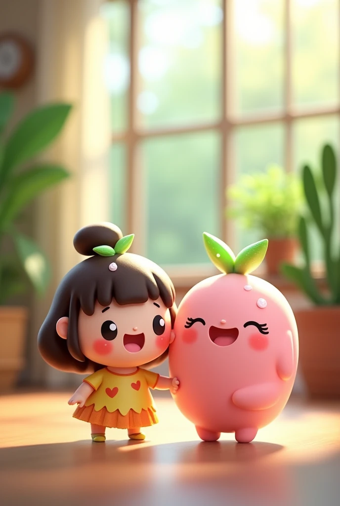 Create an image of two adorable, cartoonish  characters, one girl and one pink, both with cheerful smiles and tiny arms and legs. They have glossy, semi-transparent surfaces with tiny water droplets, and each has a small leaf on top. The background features a bright and airy indoor setting with green plants and soft natural light, creating a cozy atmosphere. The scene conveys a sense of happiness and friendship, with a gentle bokeh effect in the background.

