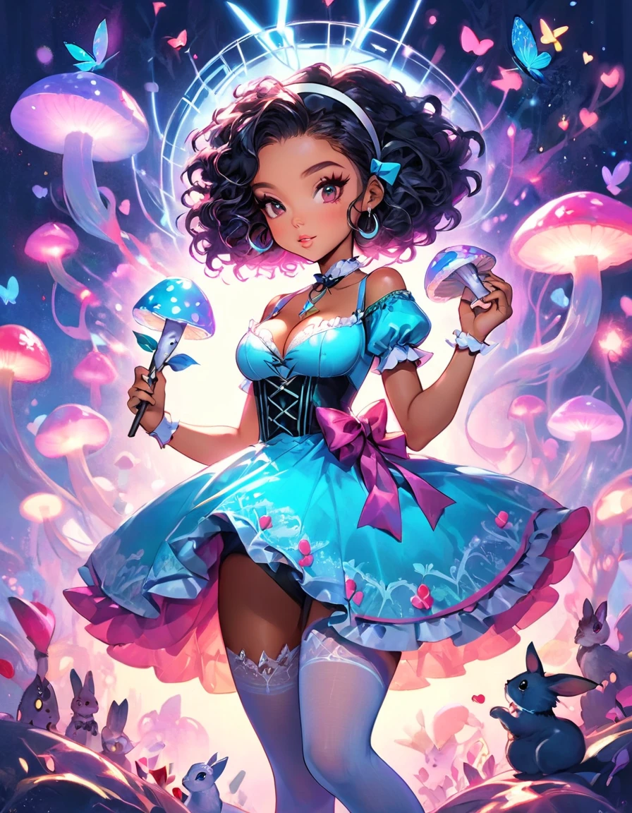 a beautiful 20 year old black woman with big messy hair, Afro, in a blue dress, white stockings, black headband, cleavage, holding a glowing mushroom, fantasy art style, rossdraws cartoon vibrant, alice x. zhang, alice in wonderland cyberpunk, cute detailed digital art, colorfull digital fantasy art, digital fantasy art ), glossy digital painting, rossdraws pastel vibrant, rossdraws 2. 5, rossdraws 1. 0