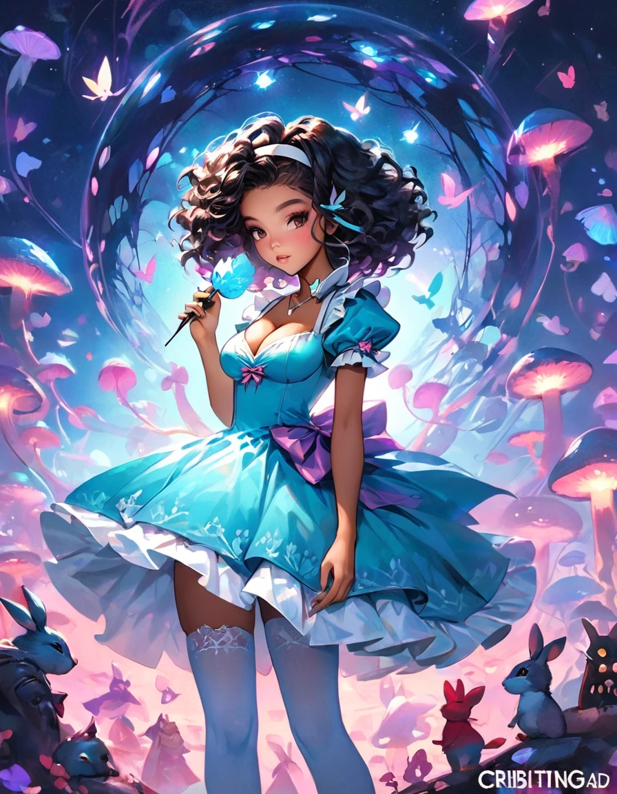 a beautiful 20 year old black woman with big messy hair, Afro, in a blue dress, white stockings, black headband, cleavage, holding a glowing mushroom, fantasy art style, rossdraws cartoon vibrant, alice x. zhang, alice in wonderland cyberpunk, cute detailed digital art, colorfull digital fantasy art, digital fantasy art ), glossy digital painting, rossdraws pastel vibrant, rossdraws 2. 5, rossdraws 1. 0