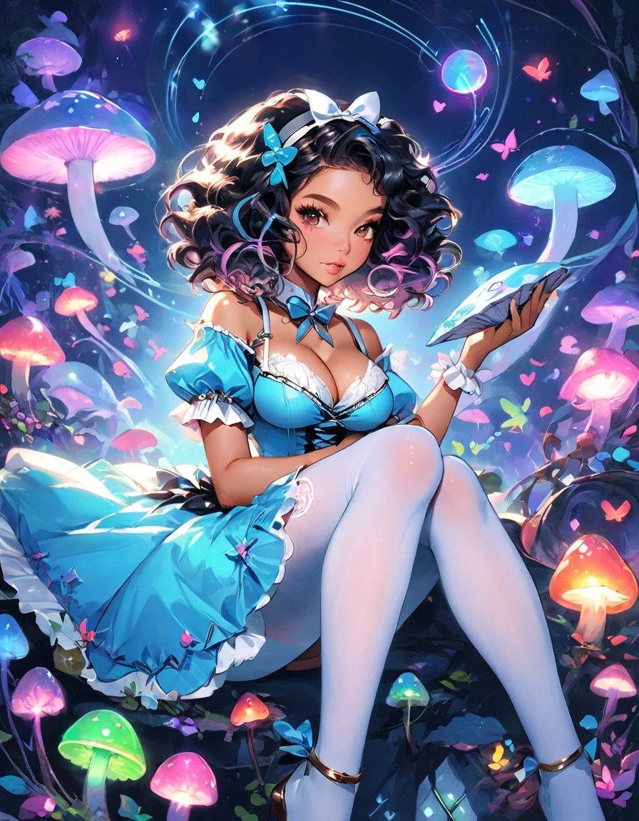 a beautiful 20 year old black woman with big messy hair, Afro, in a blue dress, white stockings, black headband, cleavage, holding a glowing mushroom, fantasy art style, rossdraws cartoon vibrant, alice x. zhang, alice in wonderland cyberpunk, cute detailed digital art, colorfull digital fantasy art, digital fantasy art ), glossy digital painting, rossdraws pastel vibrant, rossdraws 2. 5, rossdraws 1. 0
