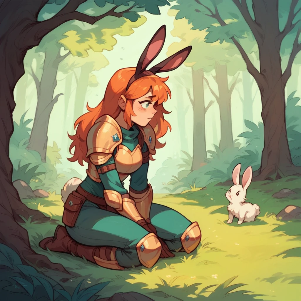 A bunnygirl scout with armor on is sneaking in a forest. she has orange hair.