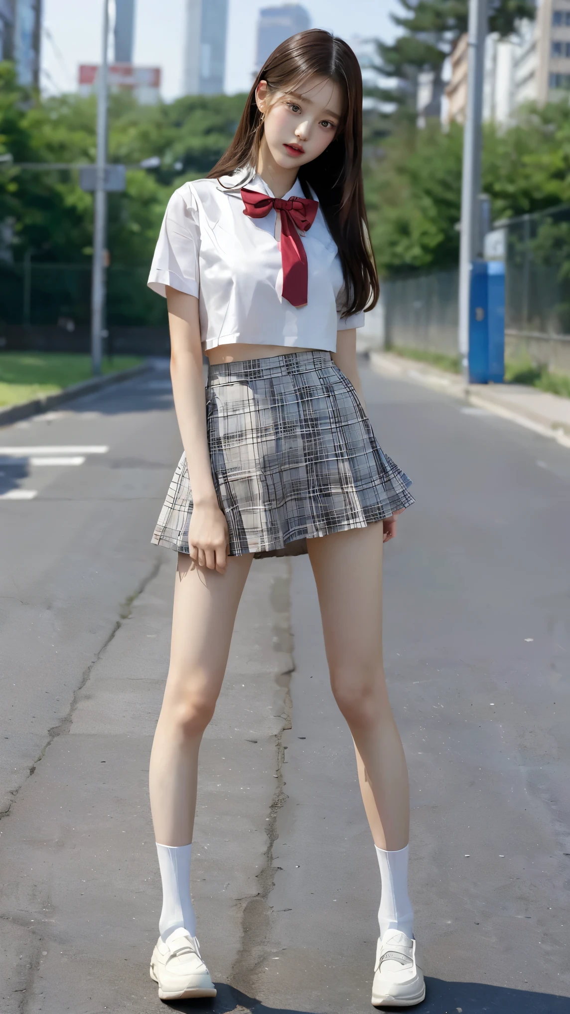 Absurd, RAW Photos, Very delicate and beautiful, masterpiece, Highest quality, Ultra-high resolution, 16K, hyperRealistic, Realistic, photoRealistic, photo-Realistic, Very detailed, Perfect Anatomy, Very detailed肌, Perfect figure, Very detailed CG 8k 壁紙, nude, Pussy, shaved Pussy, Nipples, perfect Nipples, Perfect breasts, Round Breasts, Small Head, Perfect Fingers, (((whole bodyショット:1.8))),(whole body :1.5), Extremely white skin, Are standing,Stand with your legs aligned,Stand with your back straight,whole bodyを此方に向ける, Medium chest, nude, blush, the wind is strong,Long legs,Thin legs, Sexy Legs, on the road, Fluffy hair, bangs, (2 people :1.5), Small Ass,long and thin arms,Long legs, Medium chest, Messy Hair,Put your hands down, Put your hands in your pockets, Put your hands down, Sexy pose,Tight waist, friend, nude girlfriend, smile, Happy, medium Round Breasts, Leg spread, Sexy pose, Leg spread, walking on the road, Laughter, Lift shirt, Three people, ((Japanese high school girls wearing uniforms)),((Checkered high school uniform with tiny mini skirt)),((High school uniform summer short-sleeved white shirt)), ((Red bow tie)),((Black Loafers)),School boots, Black Hair, Narrow waist,(((Very short white socks that reach to the ankles))),((Height 173cm:1.3)),Slim model body shape,(Slim and muscular athletics body type:1.3),(Slim yet muscular legs),(Thin thighs),(long thighs),(((Clothes that expose a lot of bare skin:1.3))),((Sexy bare legs:1.3)),((He looks just like WONYOUNG from the Korean idol group IVE.:1.8)),18-year-old girl,Long legs,((Anatomically correct:1.3))