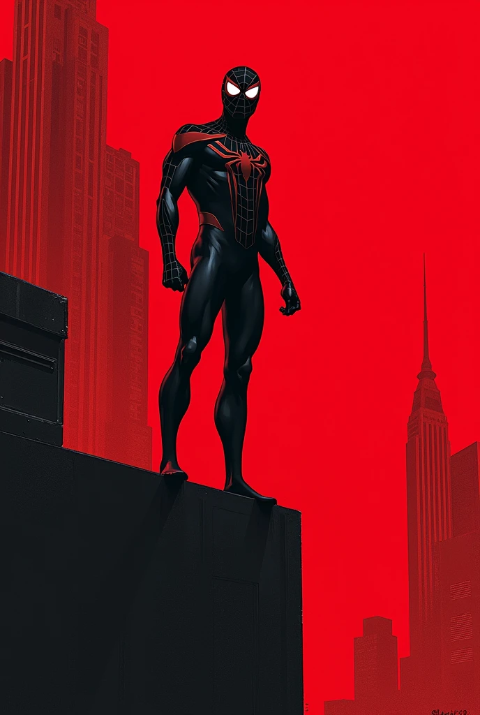 Spider Man in Black on Skyscraper Carved on Red Fone Retro comic style artwork, perfect composition,hyperrealistic,super detailed,high quality,sharp focus,studio photo,intricate details,highly detailed