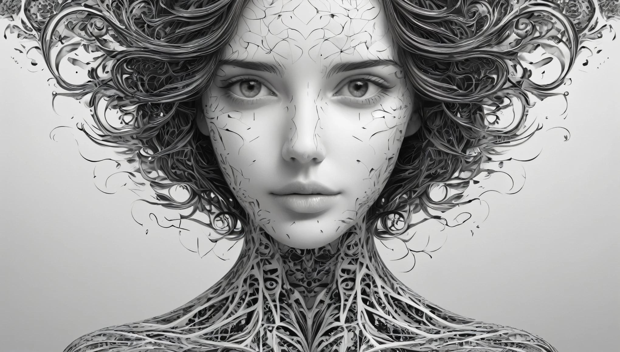 a woman with a black and white pattern on her face, stunning digital art, complicated digital art, 3 d digital art, 3d digital art, complicated digital artwork, Advanced 3D digital art, amazing detailed digital art, digital complicated art, Detailed 3D digital art, amazing digital art, 4k symmetrical portrait, 4k symmetrical portrait