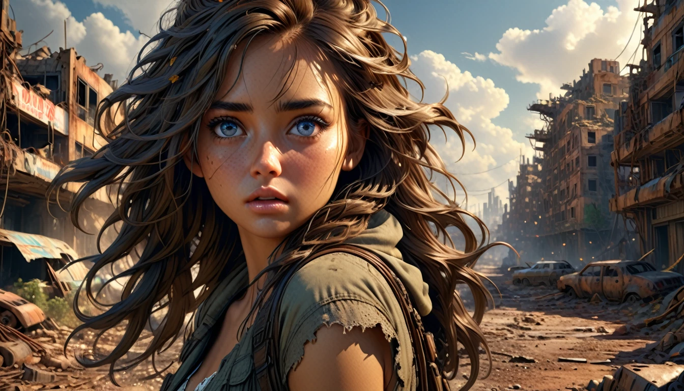 (((ultra realistic))) Photo, masterpiece, top quality, (sun tanned skin), (Ultra detailed face and eyes:1.3), 30 year old woman, A highly detailed photorealistic image, beautiful woman in the post-apocalyptic setting, torn dress, searching for love, detailed face, delicate features, big expressive eyes, lush flowing hair, dramatic lighting, highly detailed, cinematic, photorealistic, 8k, intricate, masterpiece, ruined_cityscape, distant_character, wasteland