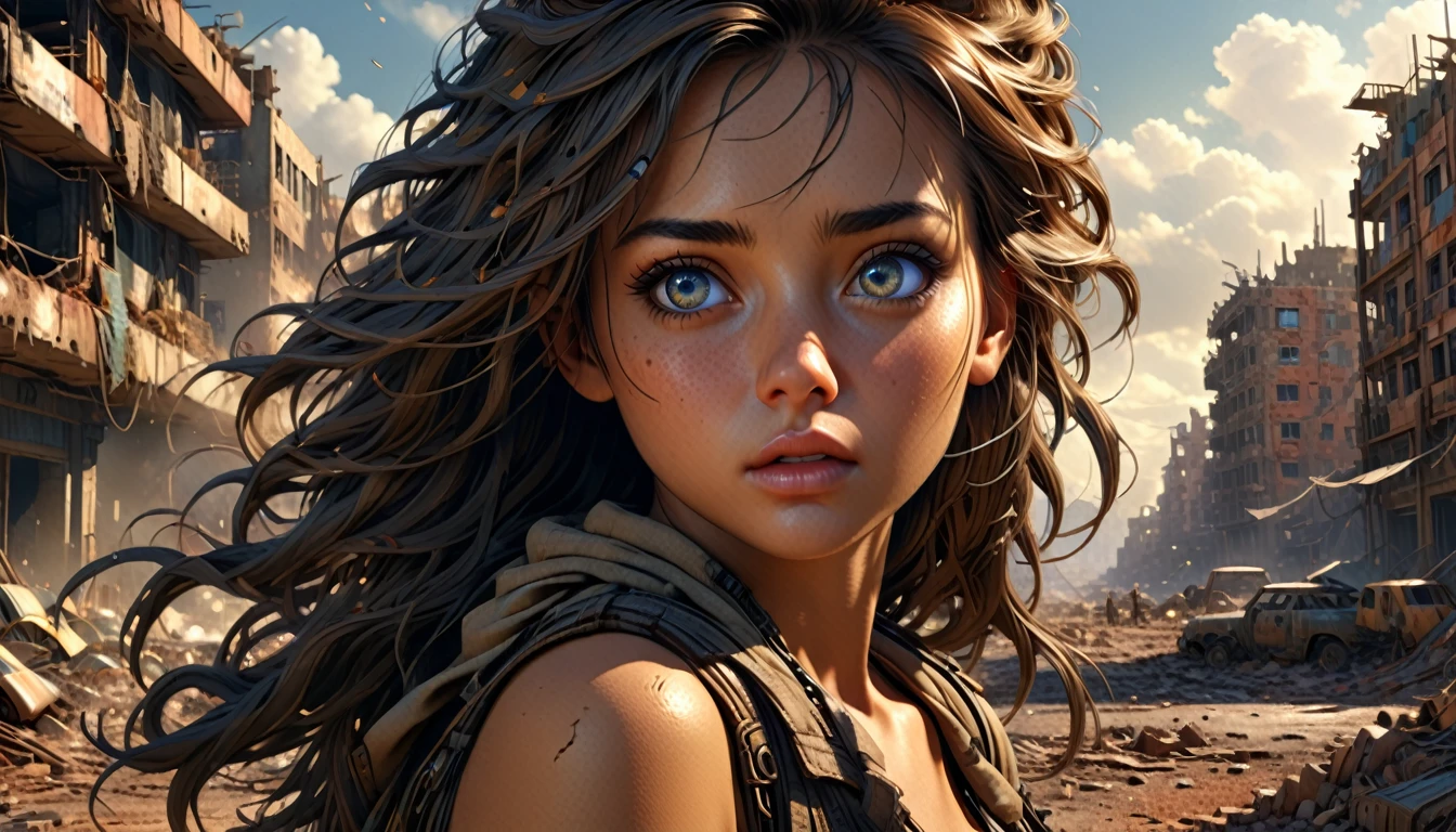 (((ultra realistic))) Photo, masterpiece, top quality, (sun tanned skin), (Ultra detailed face and eyes:1.3), 30 year old woman, A highly detailed photorealistic image, beautiful woman in the post-apocalyptic setting, torn dress, searching for love, detailed face, delicate features, big expressive eyes, lush flowing hair, dramatic lighting, highly detailed, cinematic, photorealistic, 8k, intricate, masterpiece, ruined_cityscape, distant_character, wasteland