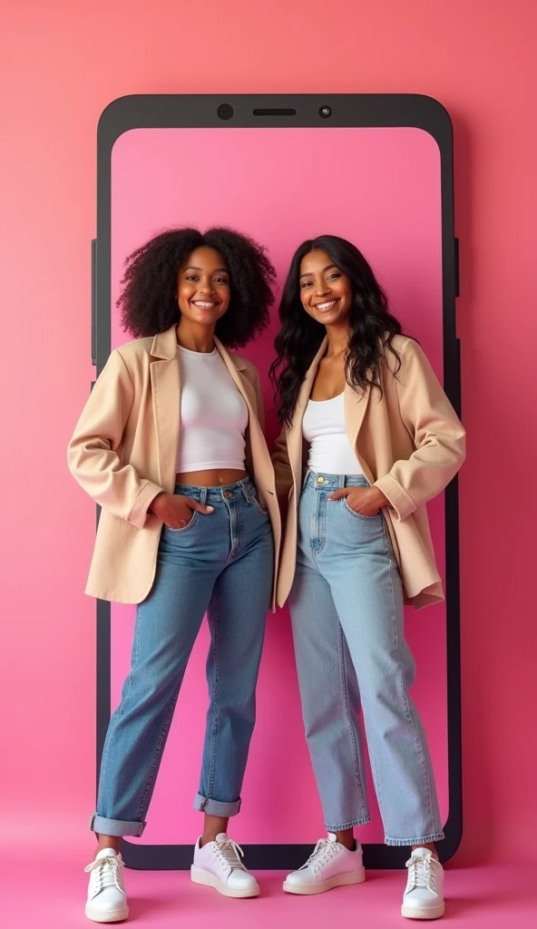 banner image, for a virtual service app, featuring 2 beautiful woman in cute fashionable "girlfriend" like clothes, standing side to side to real life size mobile phone displaying the app, pink background color