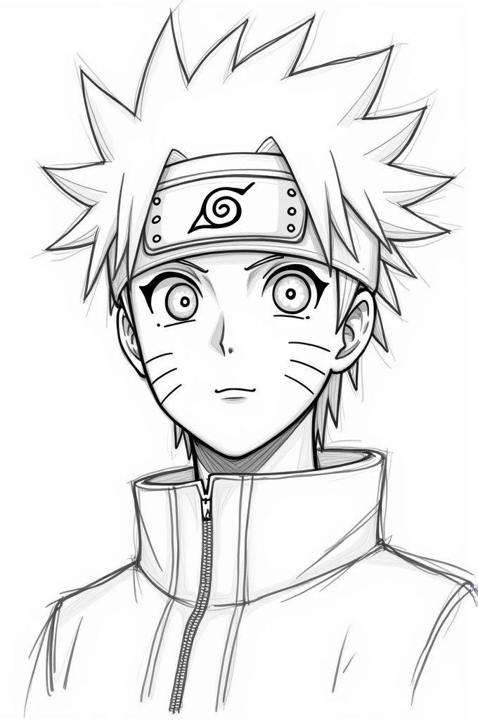 Draw a sketch of Naruto his face and spiky hair. Naruto has a rounded face with distinctive whisker marks on his cheeks. His hair is spiky and sticks out in different directions. For his outfit, draw the high-collared jacket and headband with the leaf symbol. If you need more detailed steps, let me know!his face and spiky hair. Naruto has a rounded face with distinctive whisker marks on his cheeks. His hair is spiky and sticks out in different directions. For his outfit, draw the high-collared jacket and headband with the leaf symbol.
