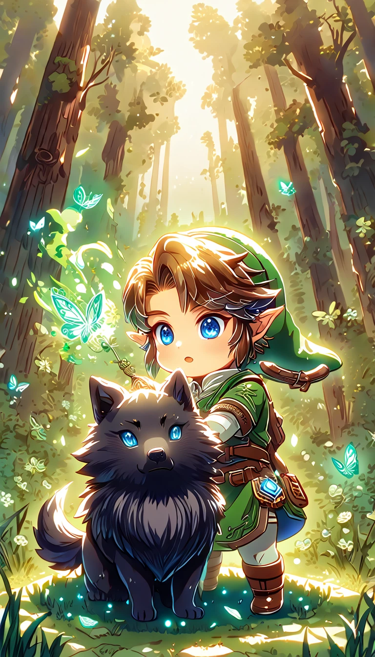 most absurd, highres, extremely detail, HDR, ​masterpiece, best quality, extremely detail, Chibi-Link, Brown hair, expressive blue eyes, the legend of zelda: Twilight Princess, Boy hugs a black wolf, adorable, small, Good looking, green tunic, Magikal, Fantasies, Magik, green fire, woods, glittering, green butterflies, green petals, green flowers