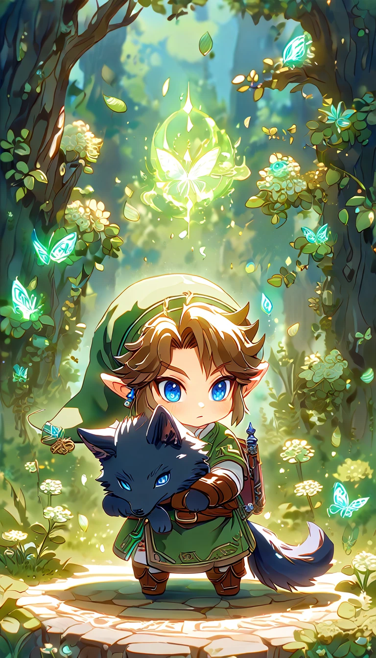 most absurd, highres, extremely detail, HDR, ​masterpiece, best quality, extremely detail, Chibi-Link, Brown hair, expressive blue eyes, the legend of zelda: Twilight Princess, Boy hugs a black wolf, adorable, small, Good looking, green tunic, Magikal, Fantasies, Magik, green fire, woods, glittering, green butterflies, green petals, green flowers