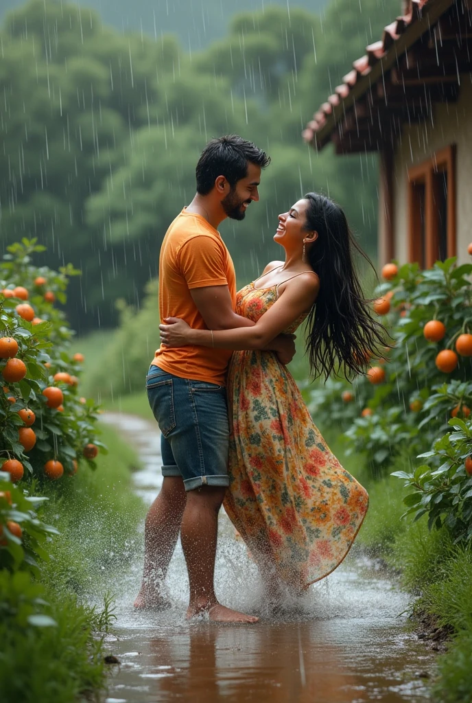 um casal, wet, in the heavy rain in front of his house in the countryside. The couple is happy and playing around throwing water at each other. There are fruit plants around the house.